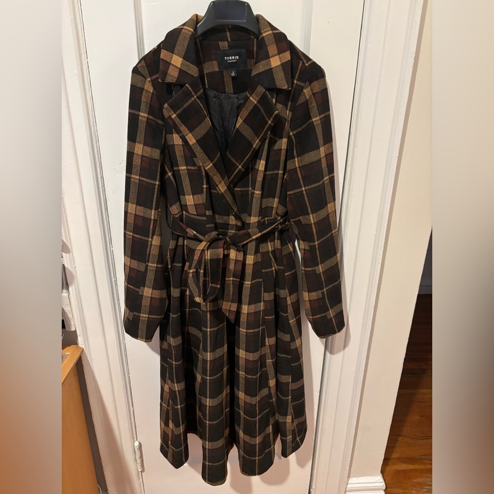 TORRID BLACK & YELLOW PLAID TWILL FIT & FLARE SKATER DRESS TRENCH COAT 2 18/20